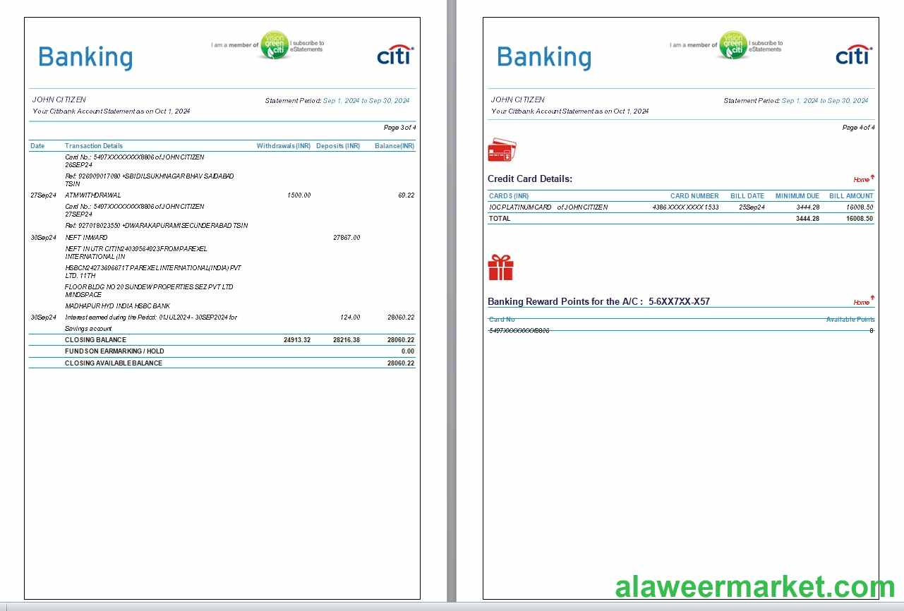 India Citibank bank statement, 6 pages, 3-4 scr